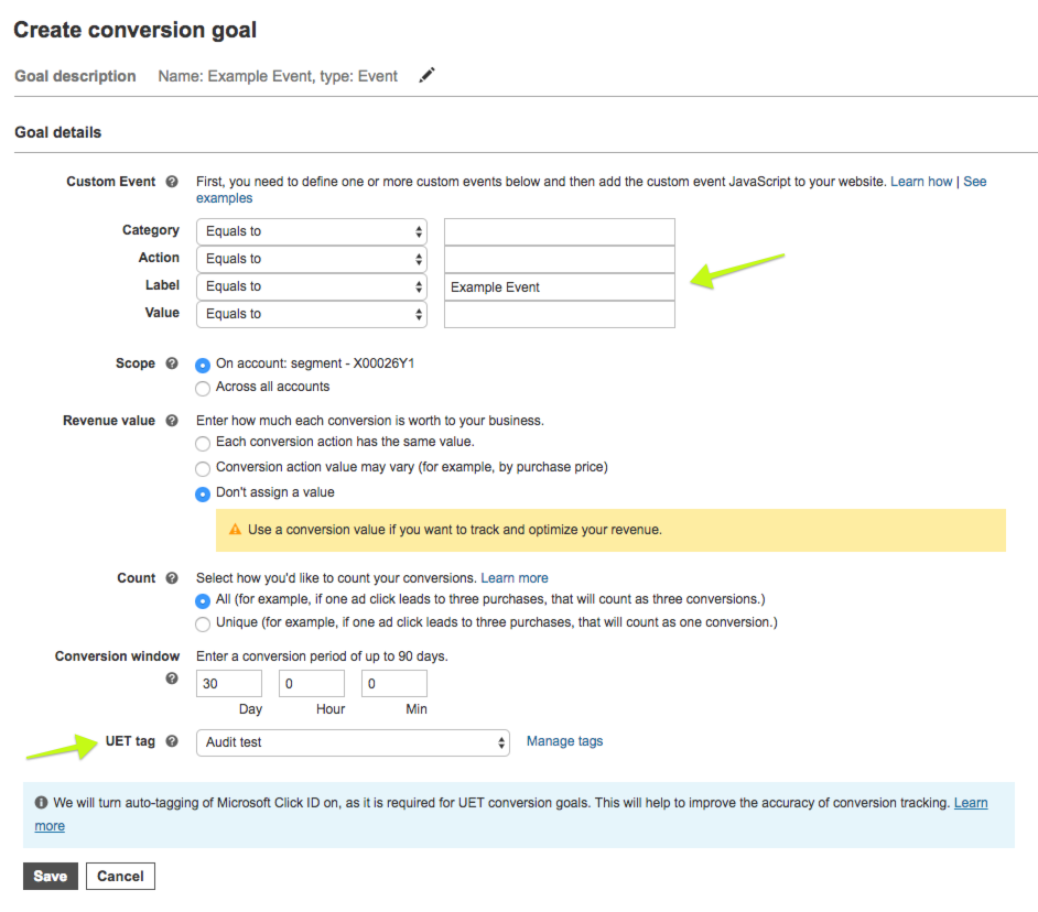 creating a goal in Bing Ads